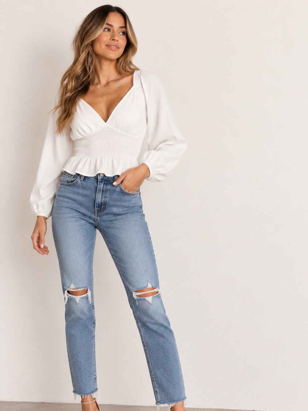 WAYF White Smocked Waist Peplum Blouse V-Neck Long Sleeve, XL, NWT - MSRP $79